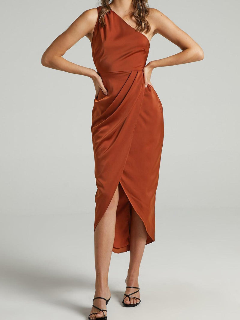 Women's Dresses Solid One Shoulder Sleeveless Irregular Slit Dress
