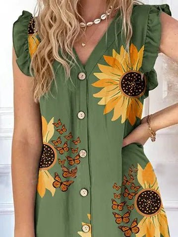 Women's Dresses V-Neck Sunflower Print Button Ruffle Sleeve Dress