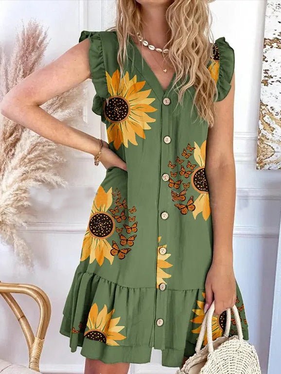 Women's Dresses V-Neck Sunflower Print Button Ruffle Sleeve Dress