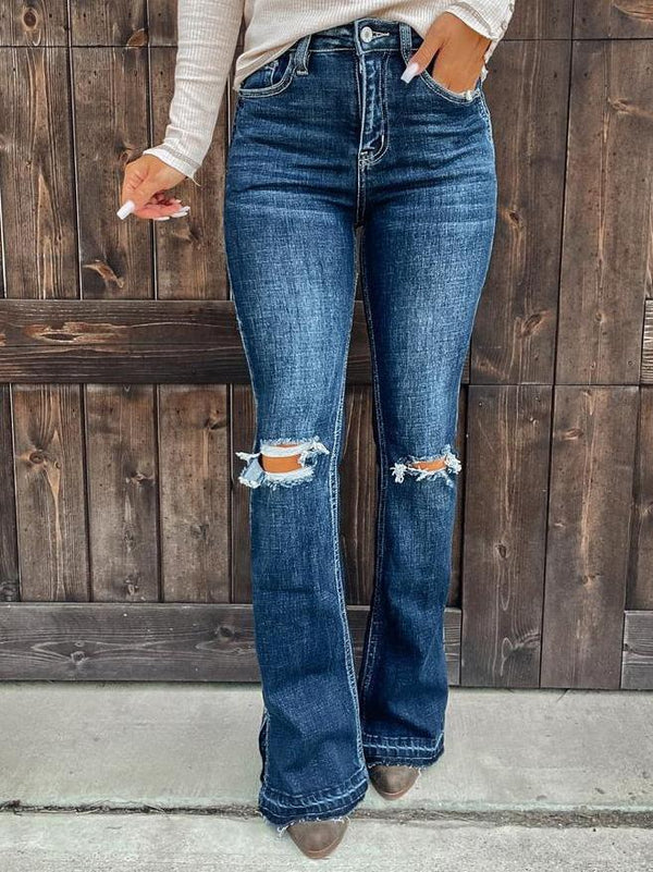 Women's Jeans Ripped High-Rise Split Bootcut Jeans
