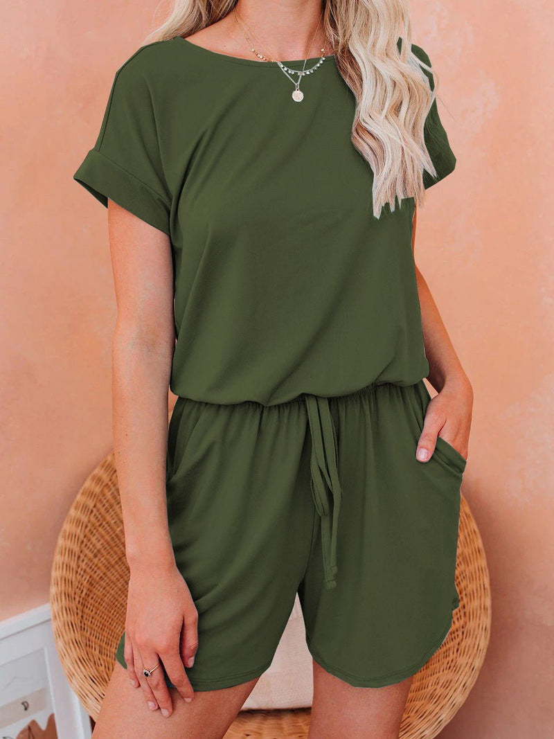 Women's Jumpsuits Solid Short Sleeve Drawstring Casual Jumpsuit