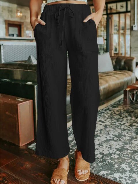 Women's Pants Elastic Waist Lace-Up Patch Pockets Wide Leg Pants