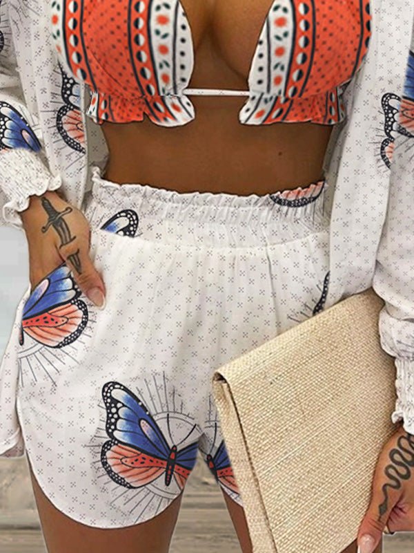 Women's Sets Casual Jacket Shorts Butterfly Print Three-Piece Set
