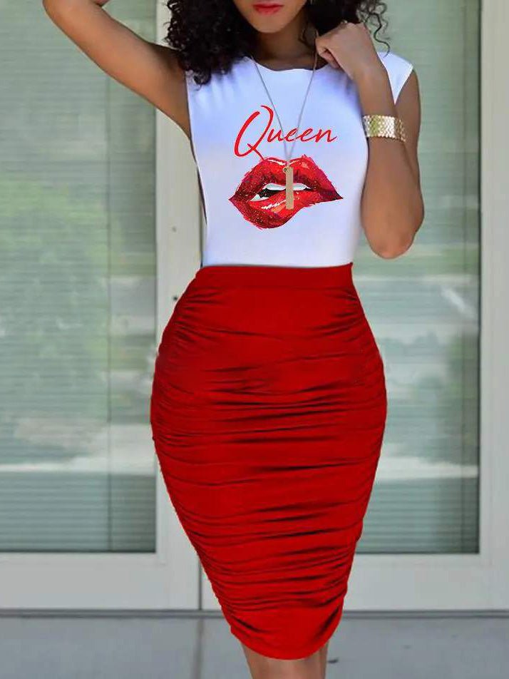 Women's Sets Printed Lips Top & Skirt Two-Piece Set