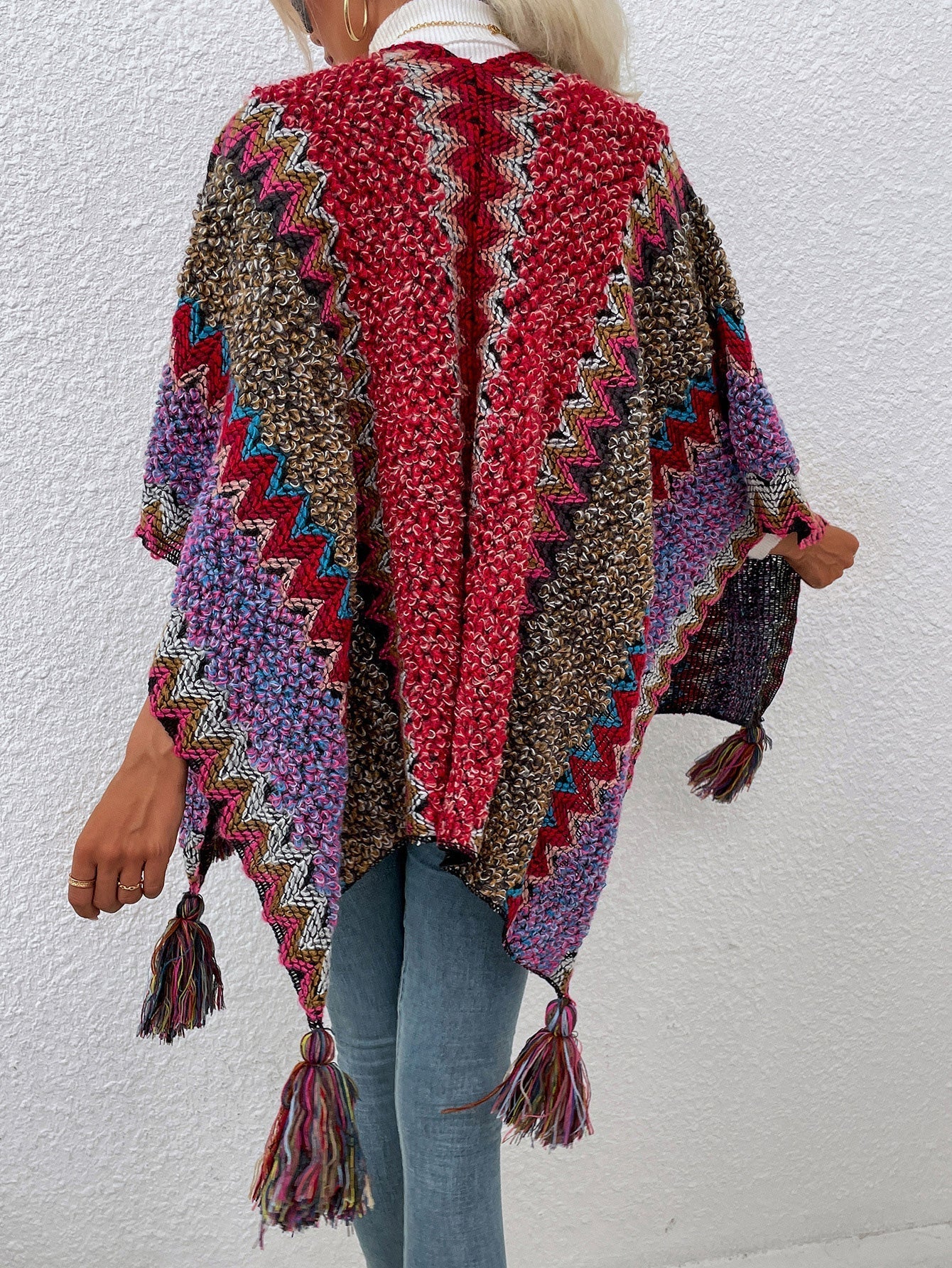 Women's Sweaters Contrast Fringe Shawl Sweater Cape