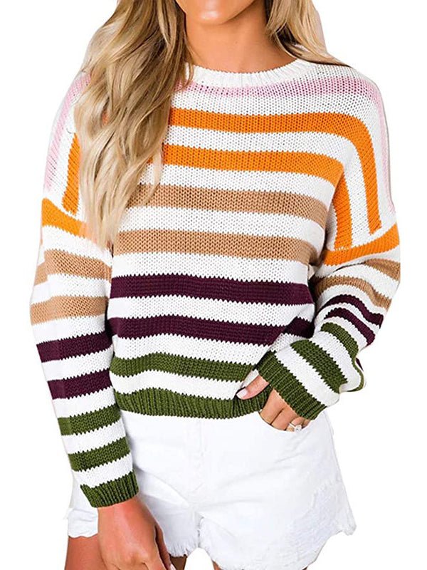 Women's Sweaters Knitting Stripe Long Sleeve Round Neck Sweater