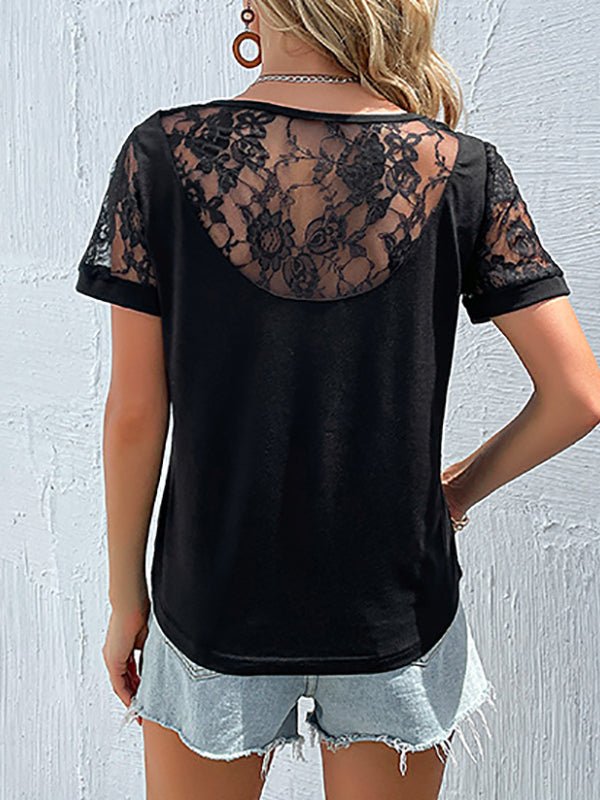 Women's T-Shirts Black Lace Fashion Short Sleeve T-Shirt