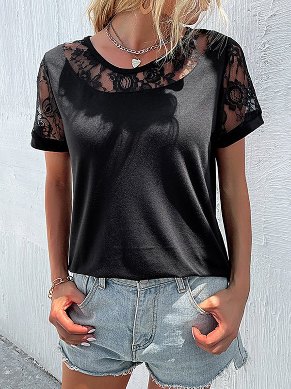 Women's T-Shirts Black Lace Fashion Short Sleeve T-Shirt