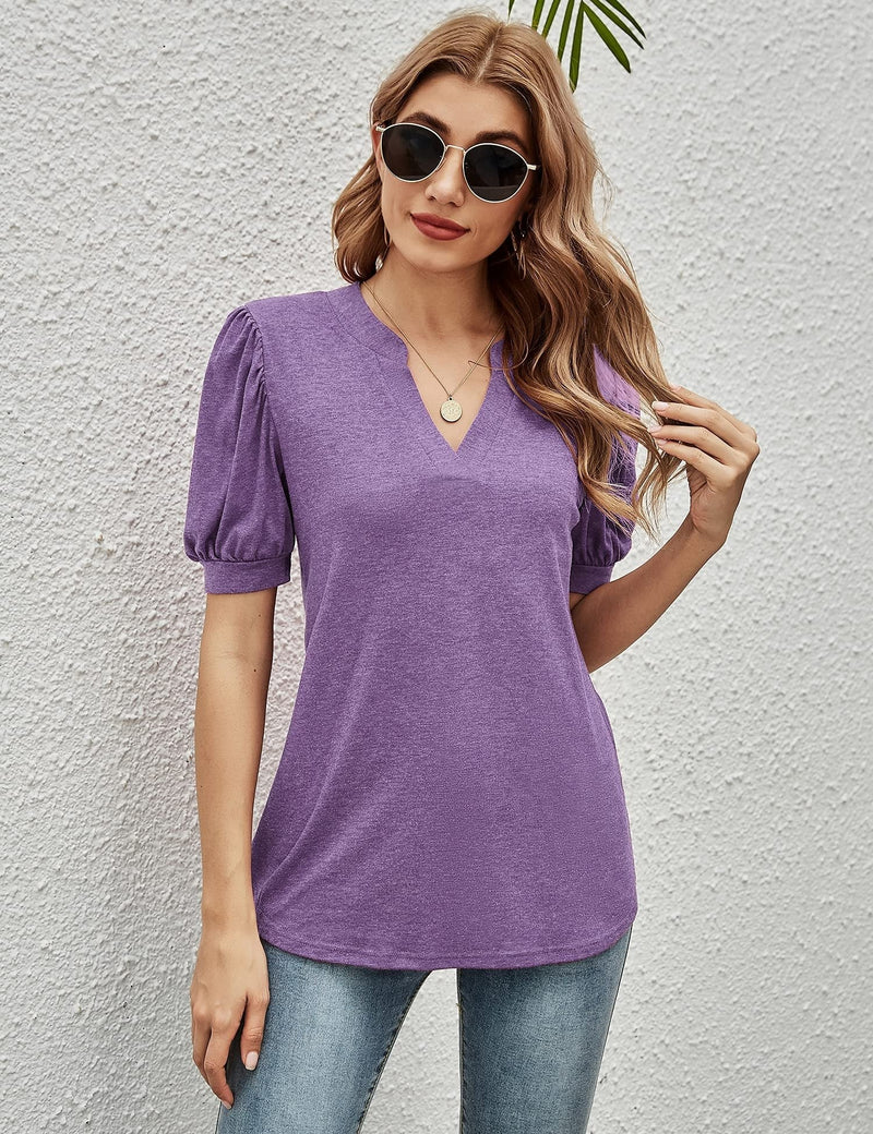 Women's T-Shirts Casual V-Neck Loose Puff Sleeve T-Shirt