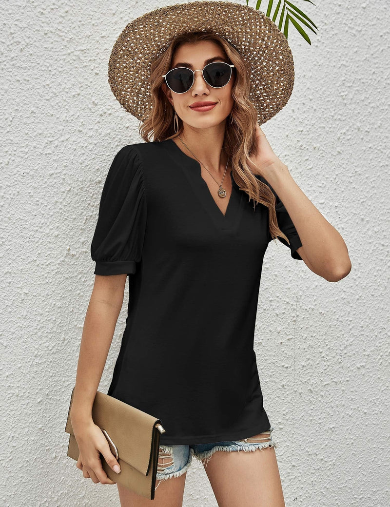 Women's T-Shirts Casual V-Neck Loose Puff Sleeve T-Shirt