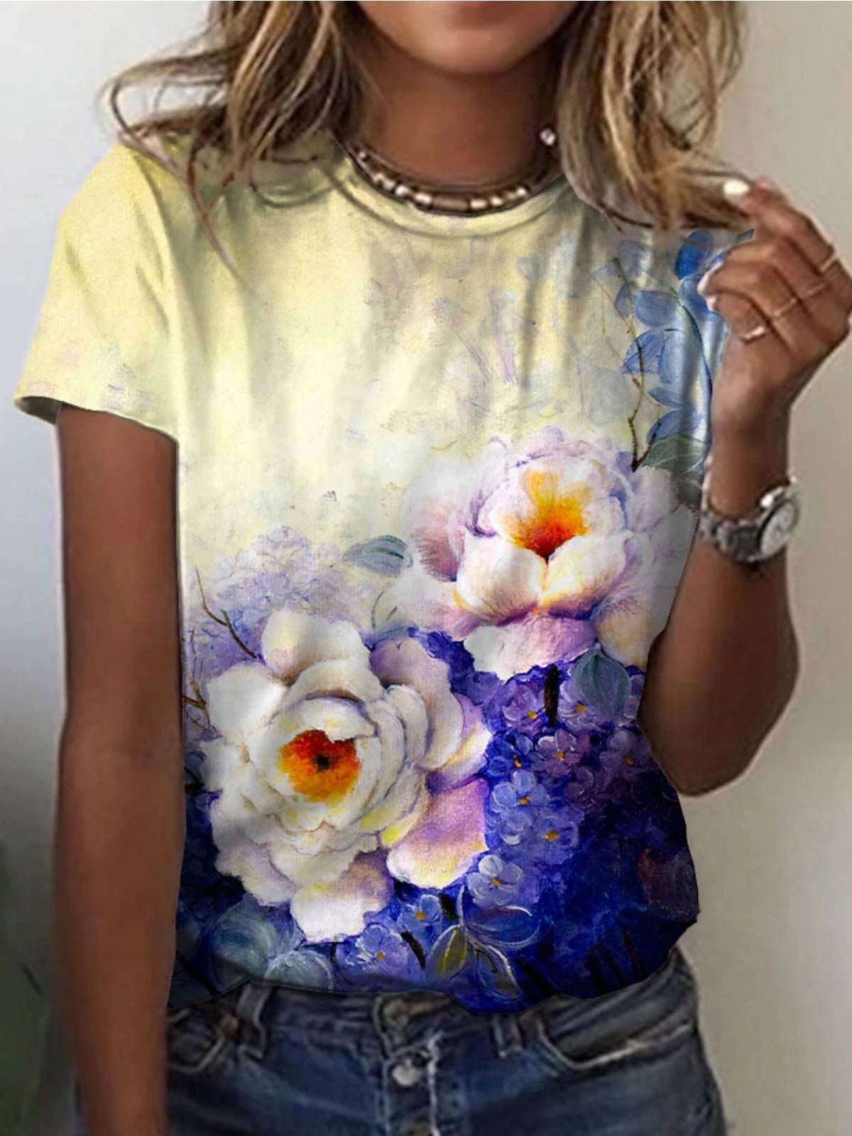 Women's T-Shirts Floral Print Crew Neck Short Sleeve T-Shirt