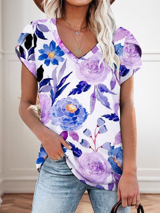 Women's T-Shirts Floral Print V-Neck Short Sleeve T-Shirt