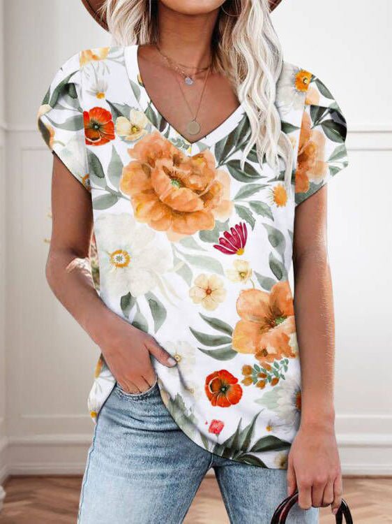 Women's T-Shirts Floral Print V-Neck Short Sleeve T-Shirt