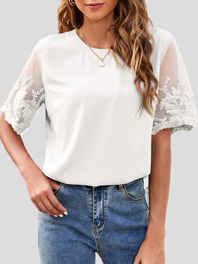Women's T-Shirts Round Neck Lace Short Sleeve Chiffon T-Shirt