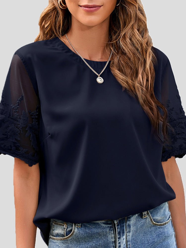 Women's T-Shirts Round Neck Lace Short Sleeve Chiffon T-Shirt