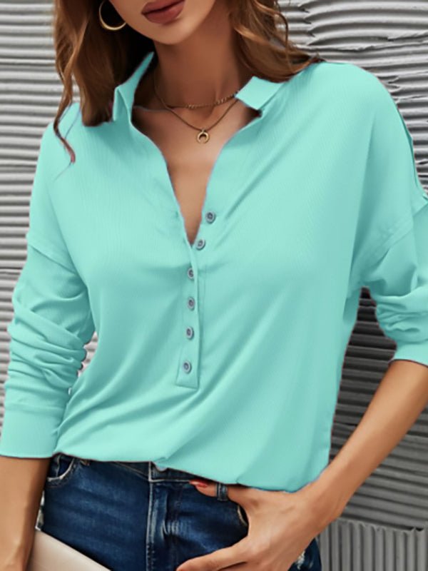 Women's T-Shirts Solid Color V Neck Long Sleeve Button T-Shirt