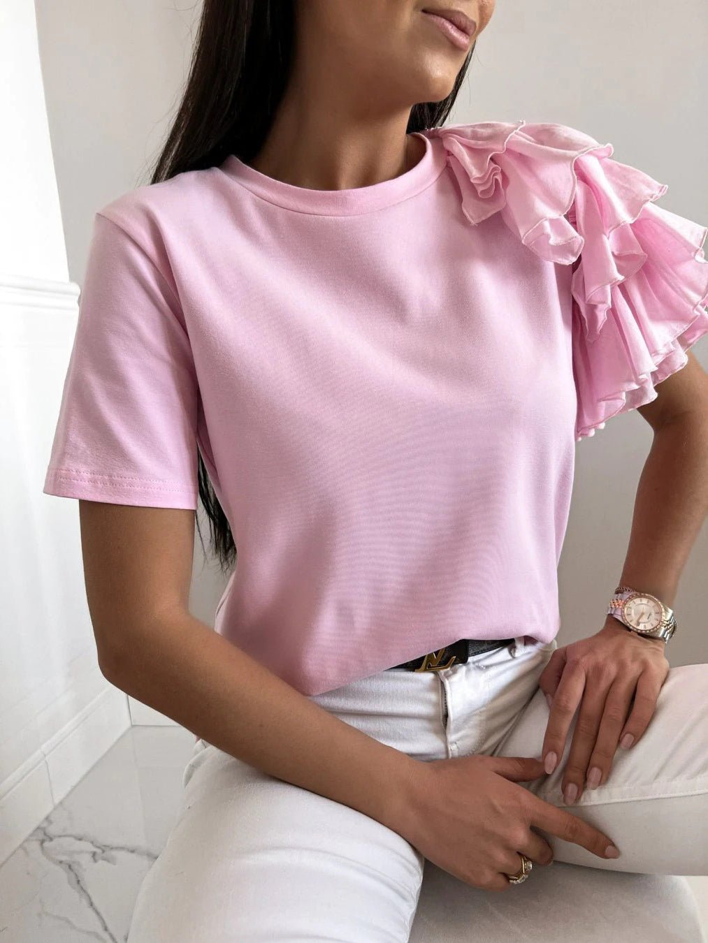 Women's T-Shirts Solid Simple Ruffle Short Sleeve T-Shirt