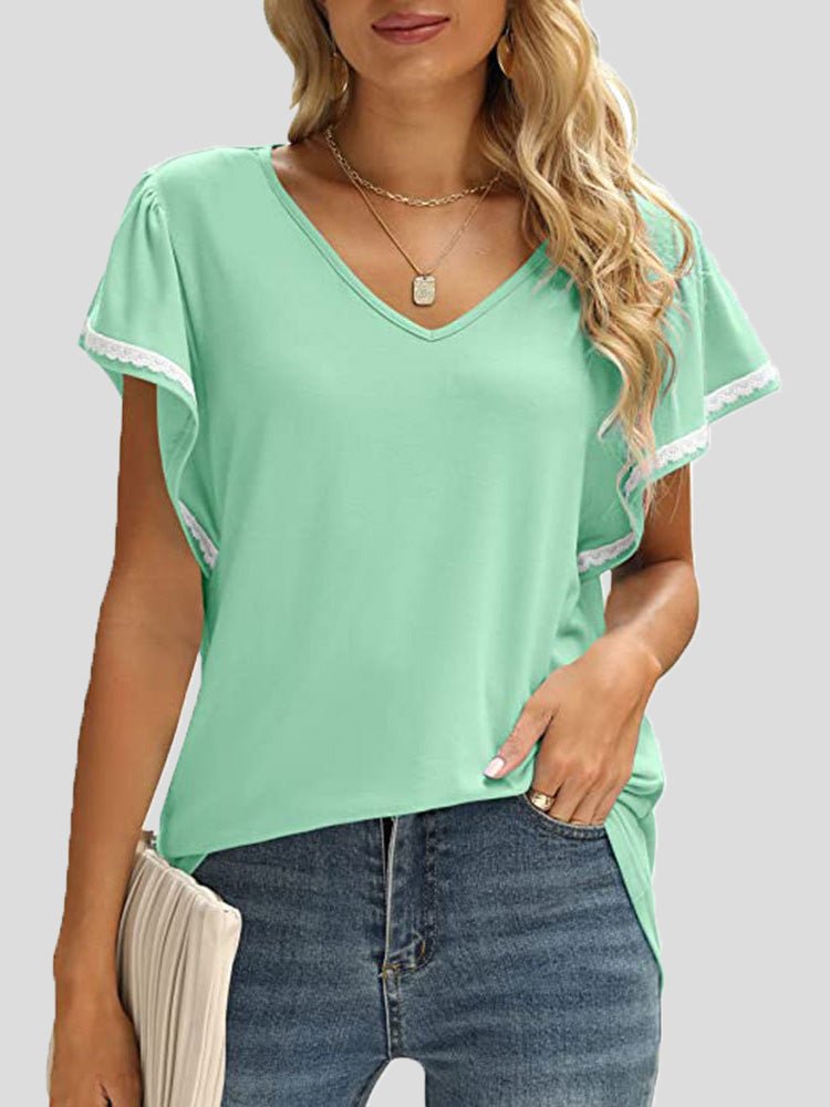 Women's T-Shirts Solid V-Neck Lace Ruffle Sleeve T-Shirt