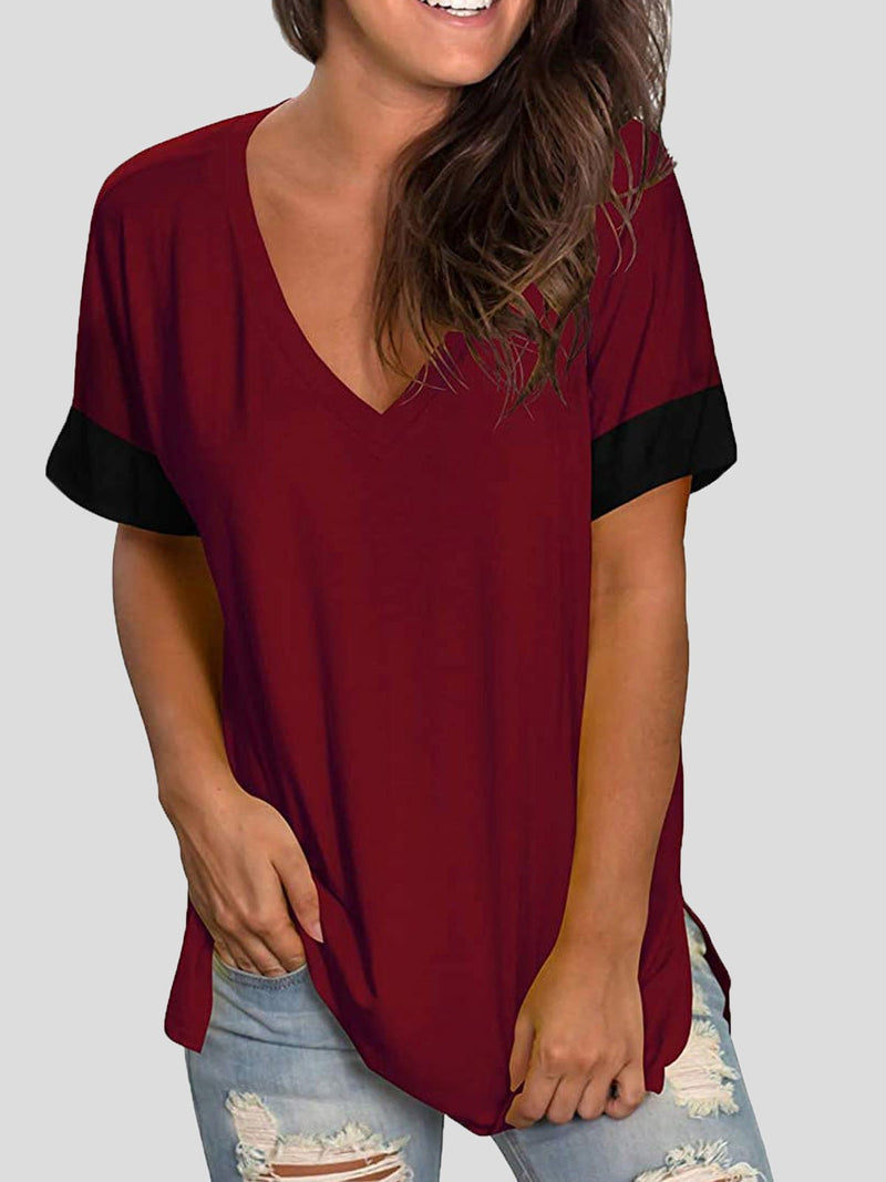 Women's T-Shirts Solid V-Neck Short Sleeve T-Shirt