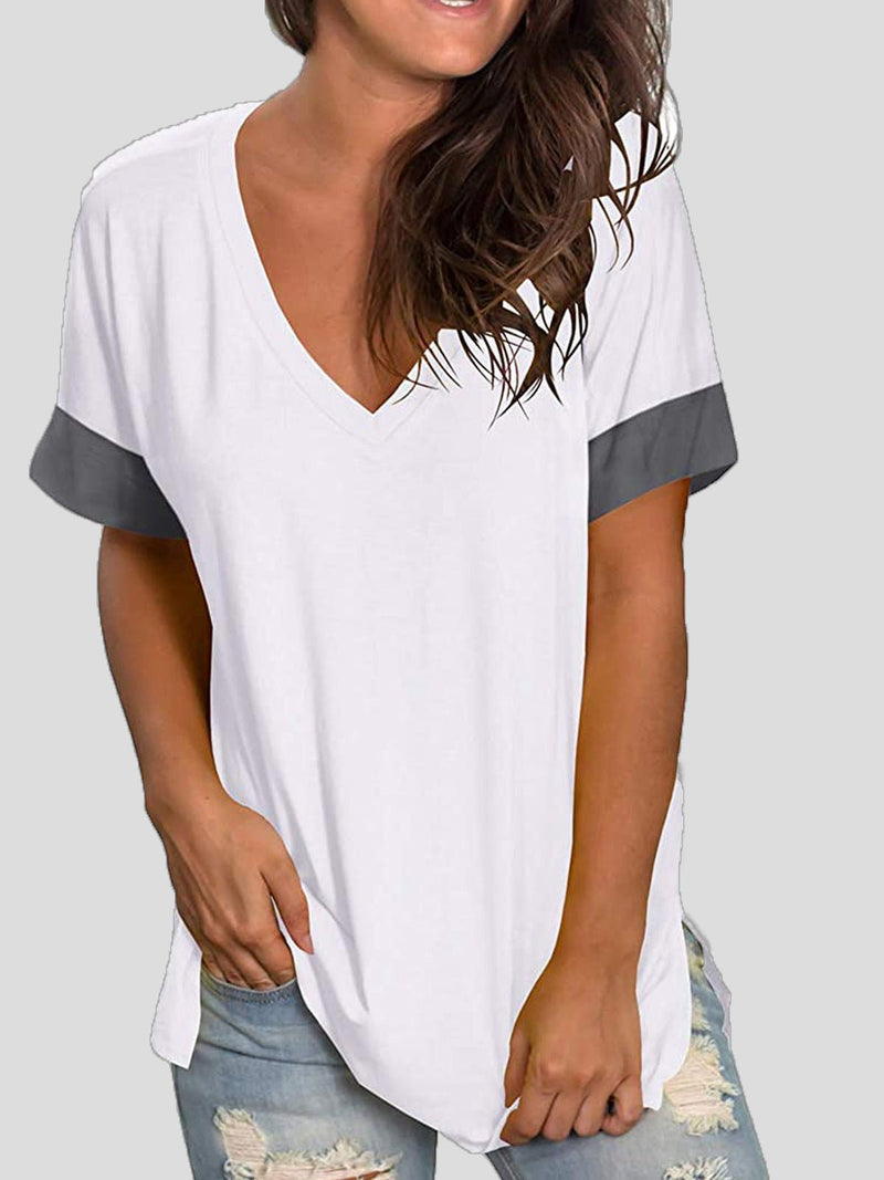 Women's T-Shirts Solid V-Neck Short Sleeve T-Shirt