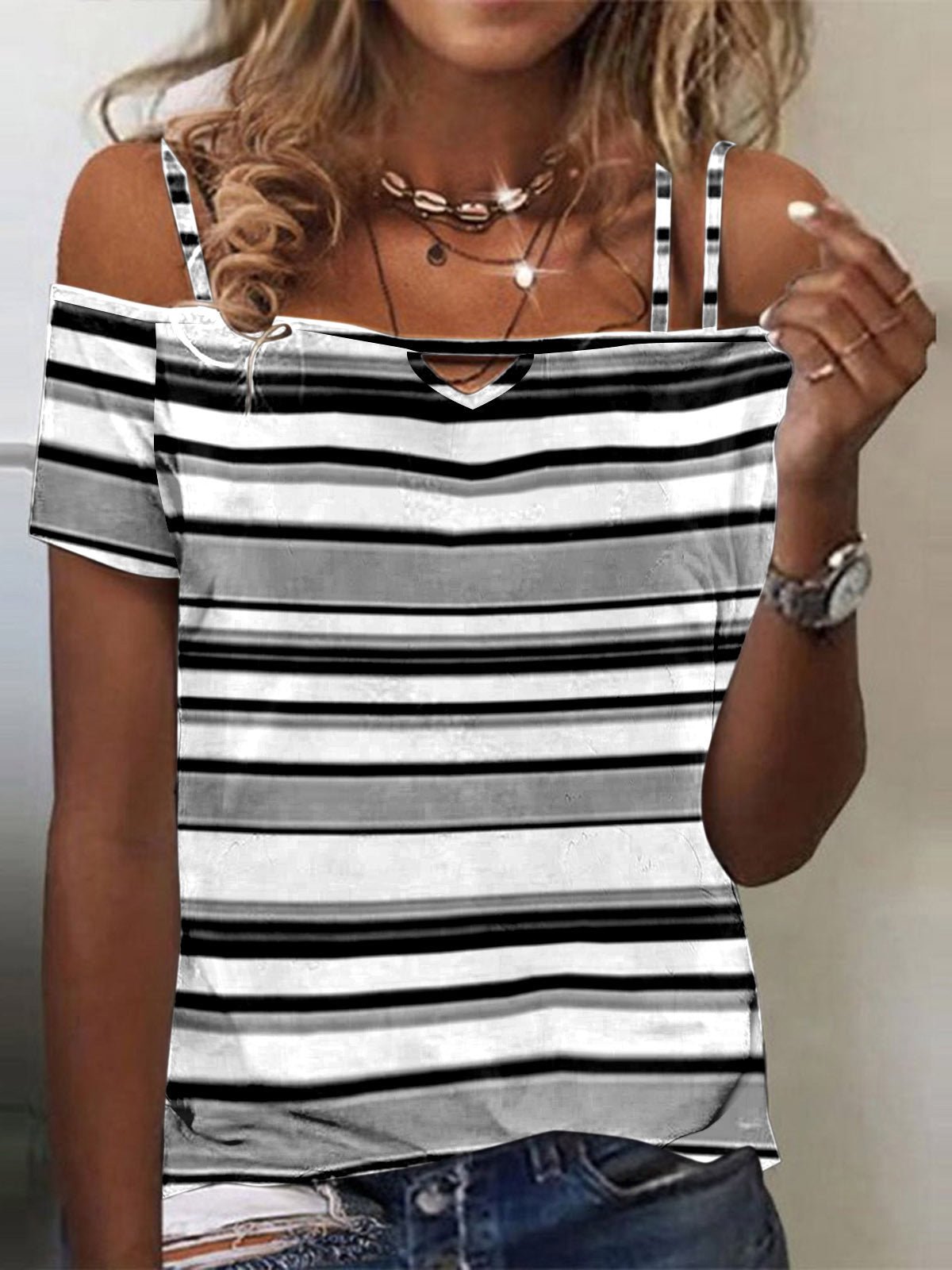 Women's T-Shirts Striped Sling One-Shoulder Short Sleeve T-Shirt