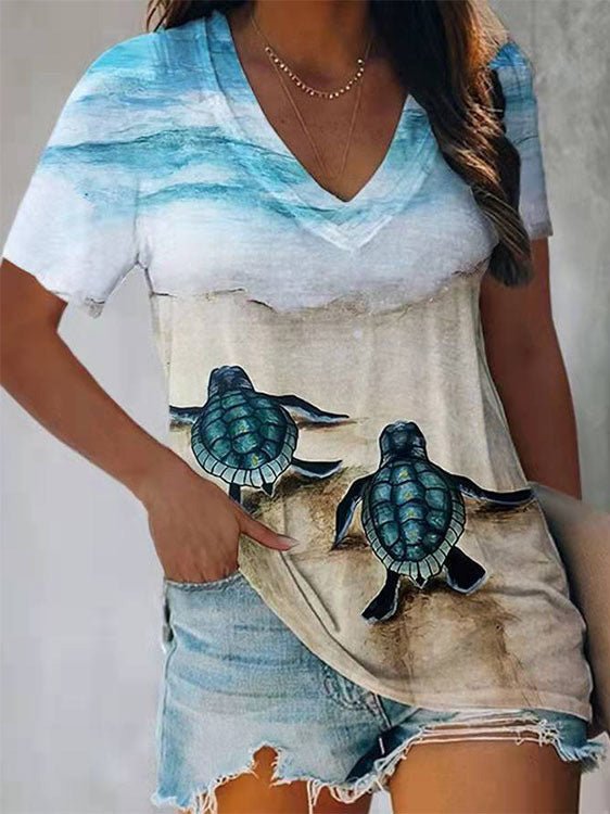 Women's T-Shirts Turtle Print V-Neck Short Sleeve T-Shirt