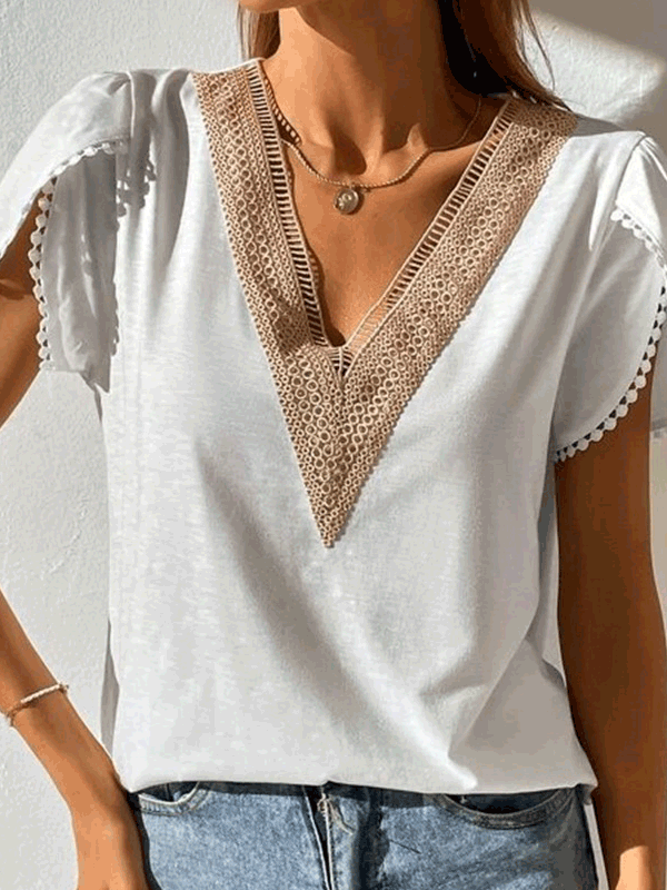 Women's T-Shirts V-Neck Lace Short Sleeve T-Shirt