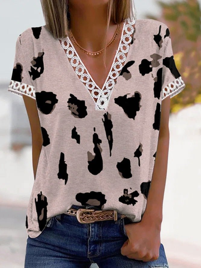 Women's T-Shirts V-Neck Leopard Print Lace Short Sleeve T-Shirt
