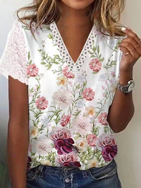 Women's T-Shirts V-Neck Printed Lace Short Sleeve T-Shirt
