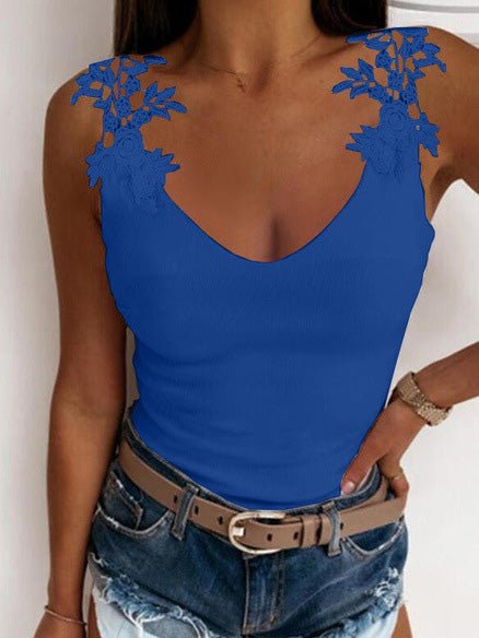 Women's Tank Tops Casual Solid V-Neck Lace Tank Top