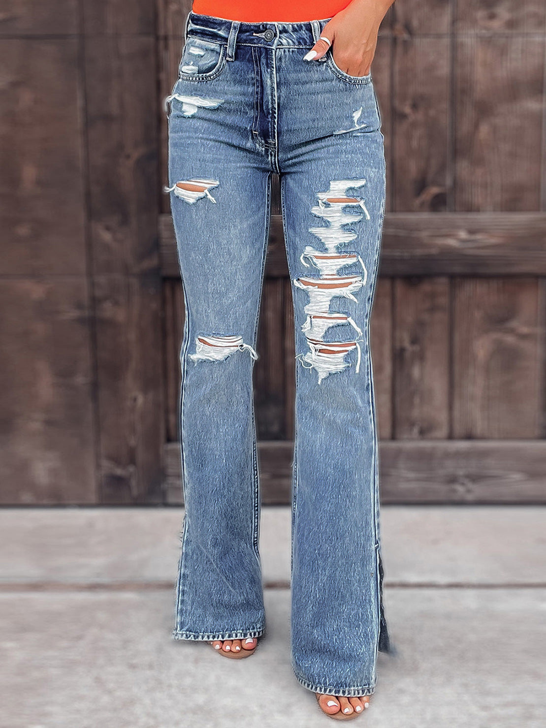 Women's Jeans Washed Shredded Micro-Flare Slit Jeans